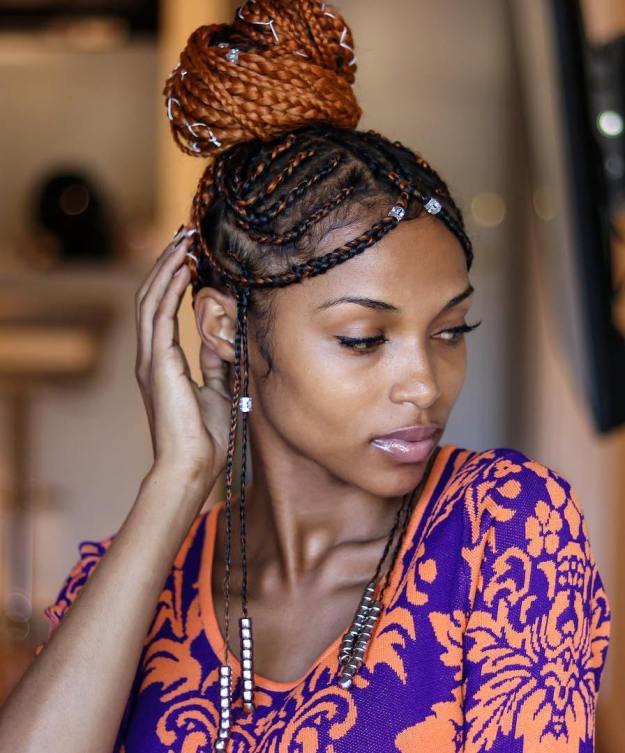 Fulani braided bun with beads and colored hair
