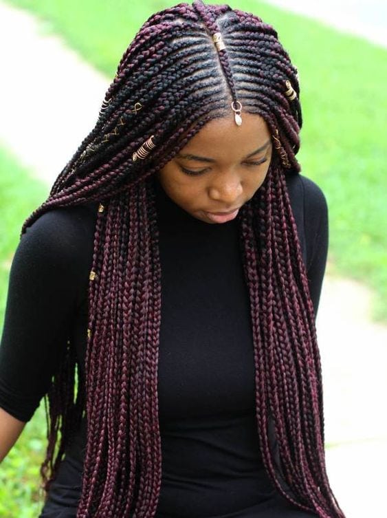 Red highlighted braids with jewels