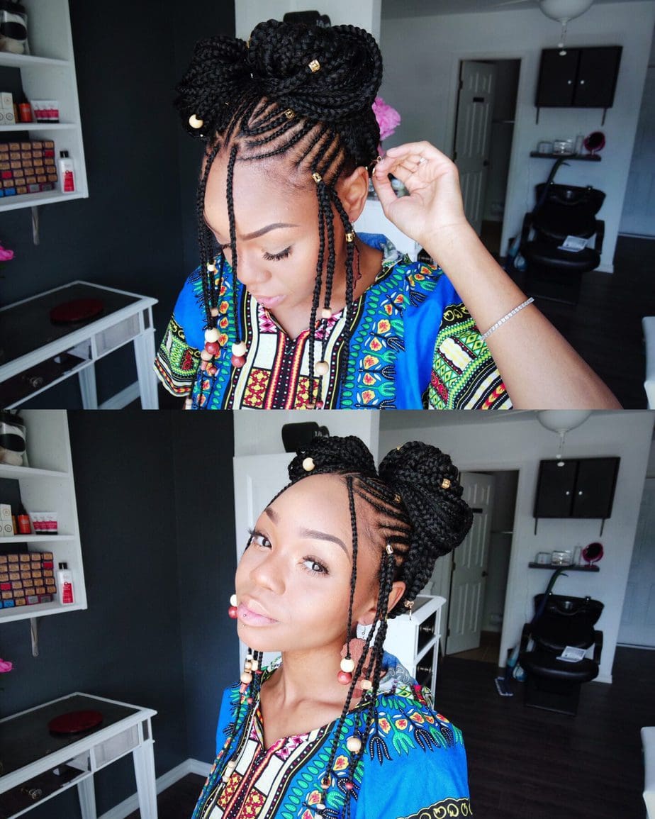 Fulani braided double buns and wooden beads at the tendrils
