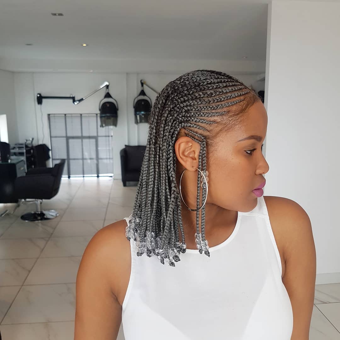 Fulani braids with grey braided hair and clear beads